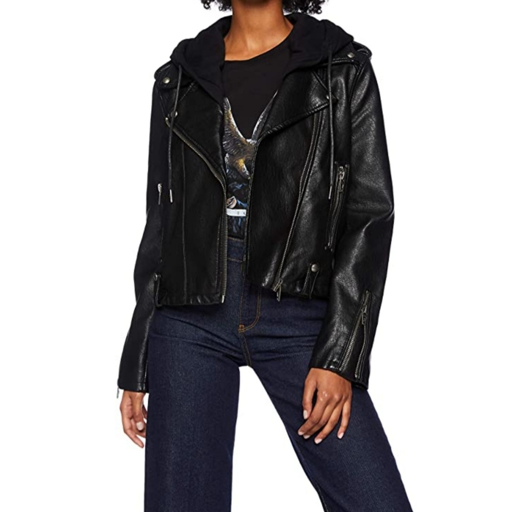 BLANK NYC Black Vegan Leather hooded jacket